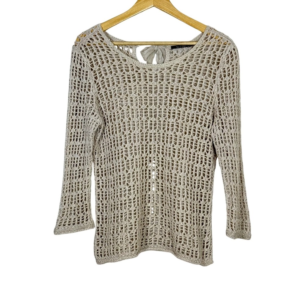Nic Zoe Womens Linen Blend Open Knit Crochet Sweater M Silk Tie Fisherman Beachy